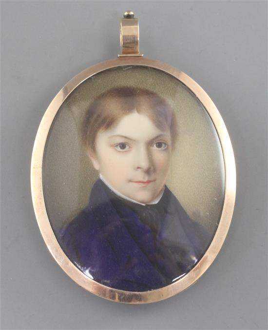19th century English School Miniature portrait of a young man wearing a blue coat and waistcoat 2.25 x 1.75in.